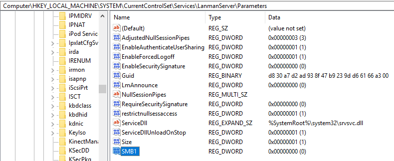 HKEY_LOCAL_MACHINE\SYSTEM\CurrentControlSet\Services\LanmanServer\Parameters\SMB1